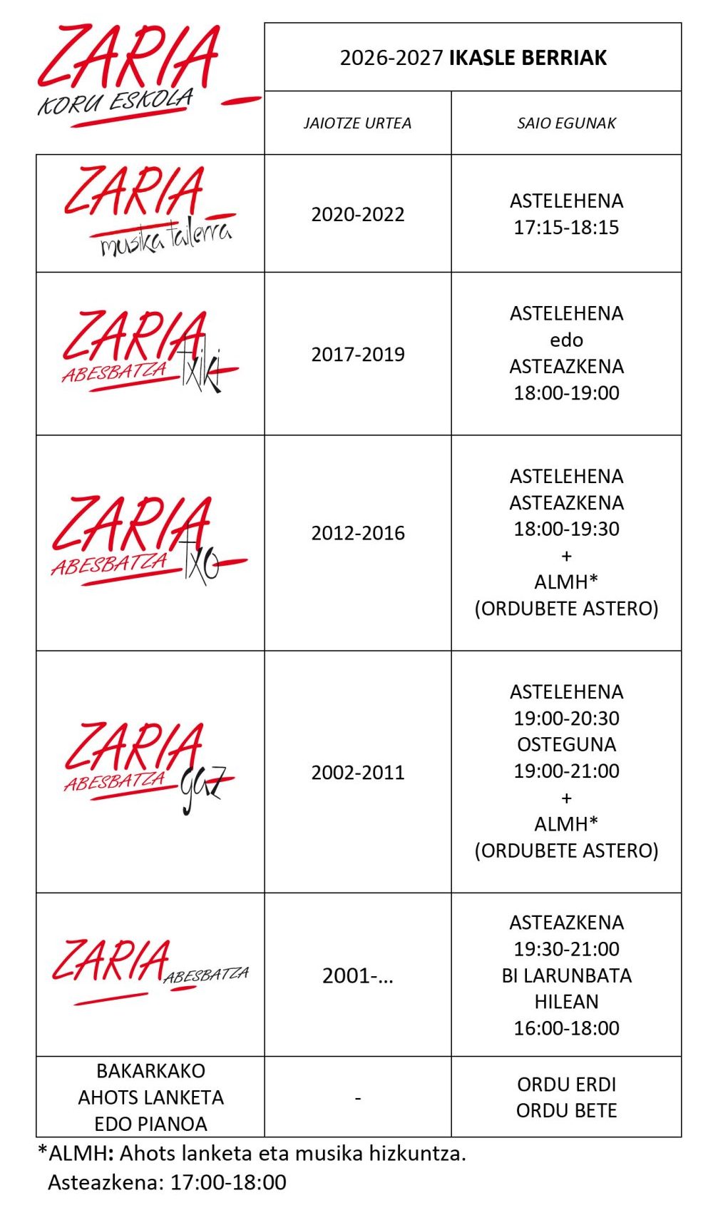 Tabla de horarios para alumnos nuevos